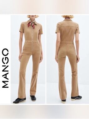 Mango Tan Short-Sleeve Zip-Front Jumpsuit XS